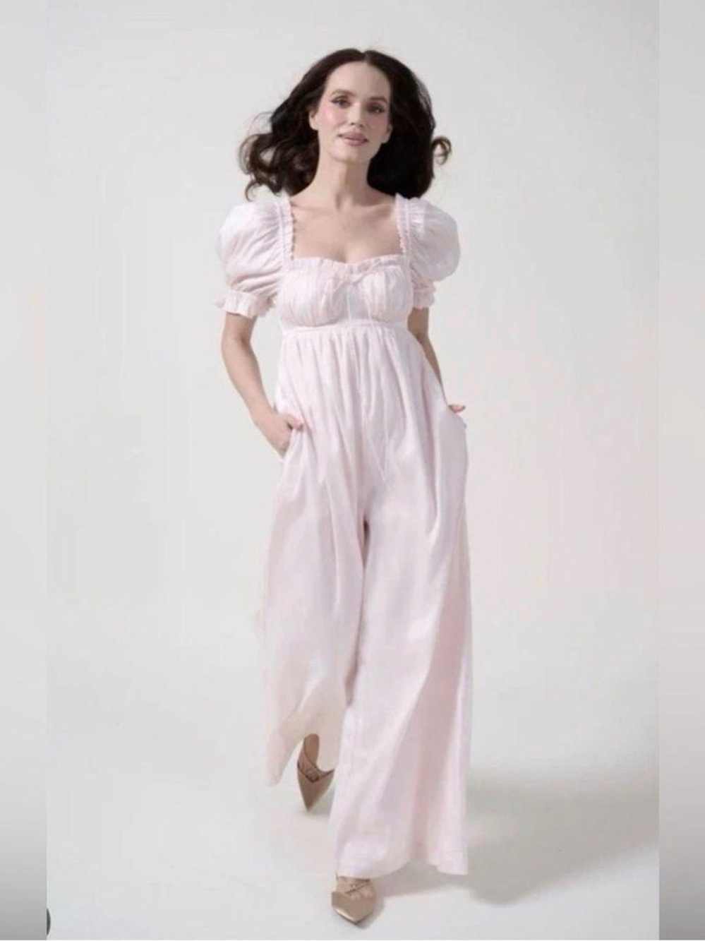 Selkie Pastel Pink Puff-Sleeve Wide-Leg Jumpsuit
